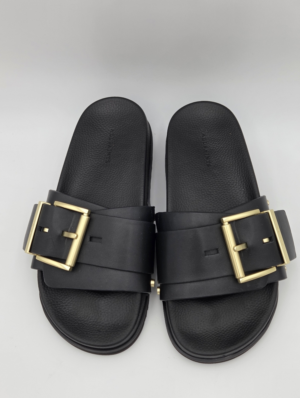 All Saints Ellie Studded Slide in Black Leather with Gold Accents Size 7 - Picture 2 of 7
